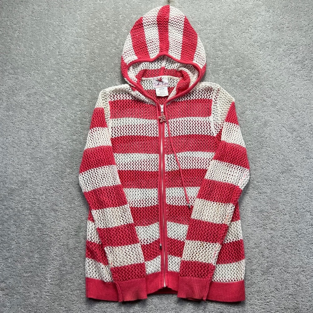 Quacker Factory Hoodie Womens M Pink White Striped Open Knit Zip Starfish Charm